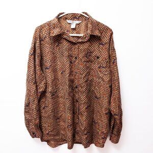 Vintage Queen’s Court 100% Silk French Horn Music Teacher Print Button Up Shirt